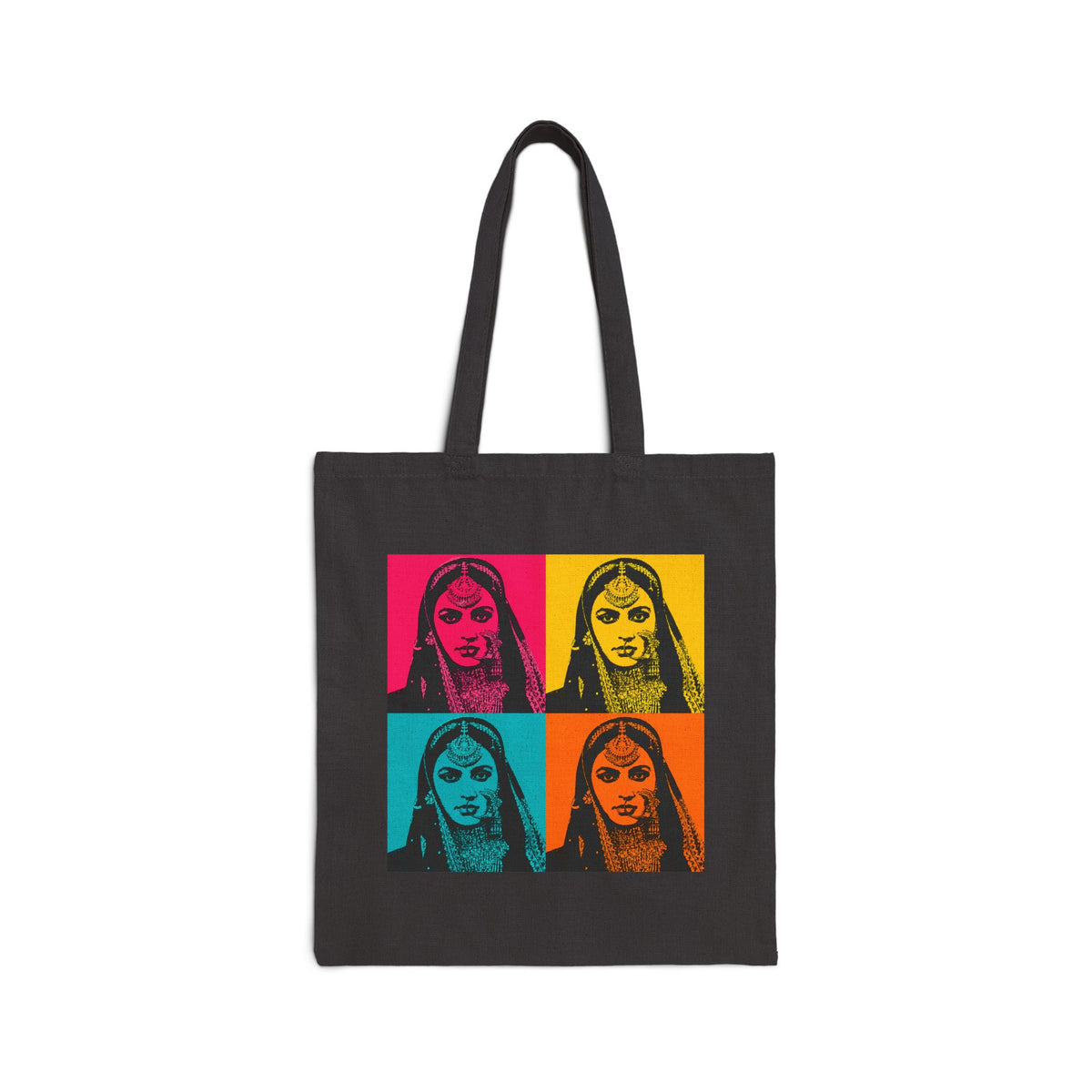 Bollywood Queen Pop Art Vibrant Four‑Panel Indian Portrait Cotton Canvas Tote Bag