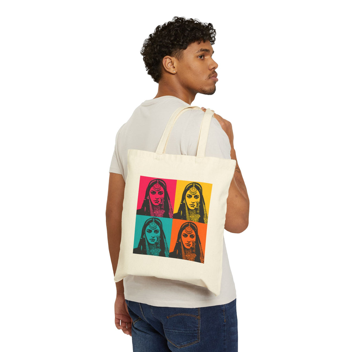 Bollywood Queen Pop Art Vibrant Four‑Panel Indian Portrait Cotton Canvas Tote Bag