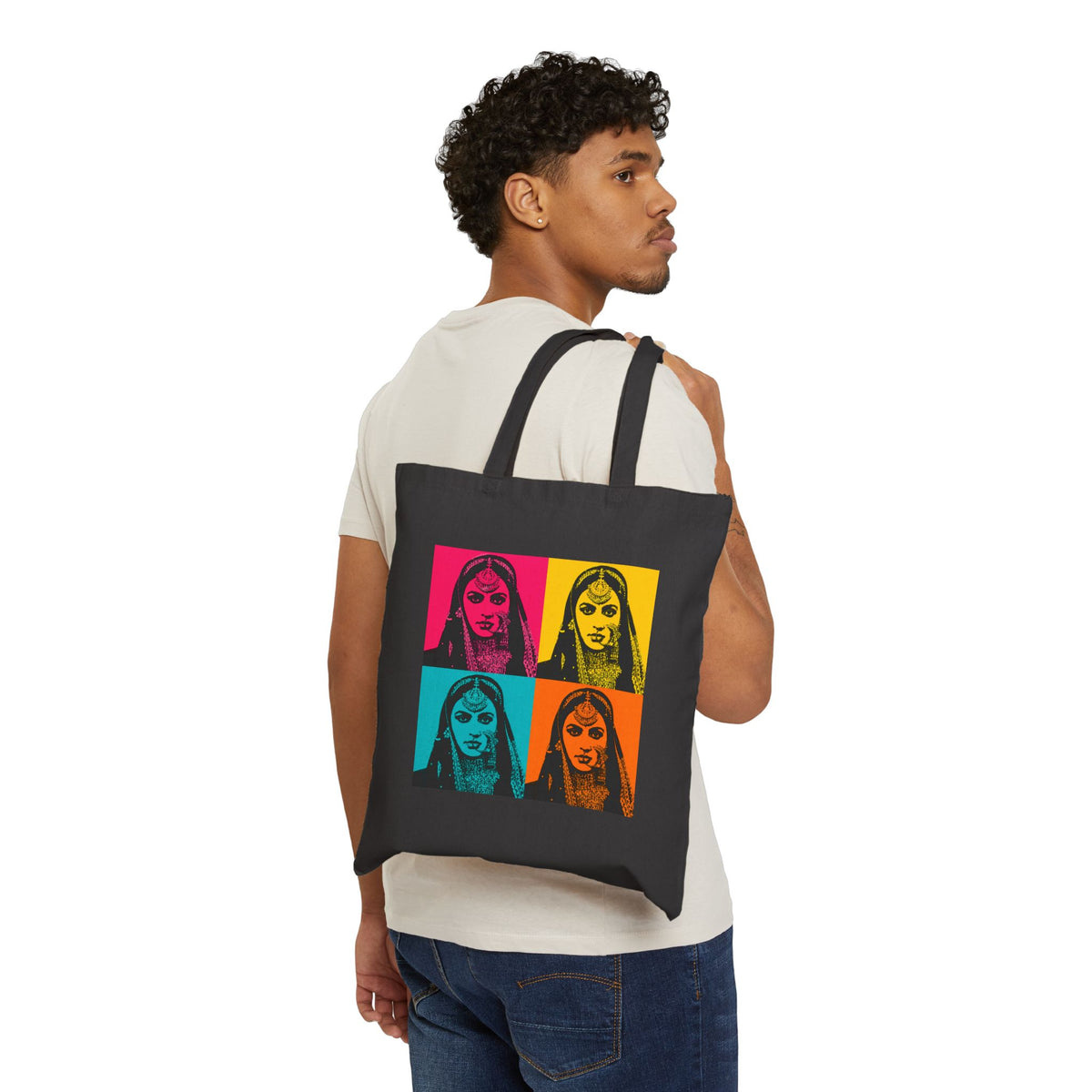 Bollywood Queen Pop Art Vibrant Four‑Panel Indian Portrait Cotton Canvas Tote Bag
