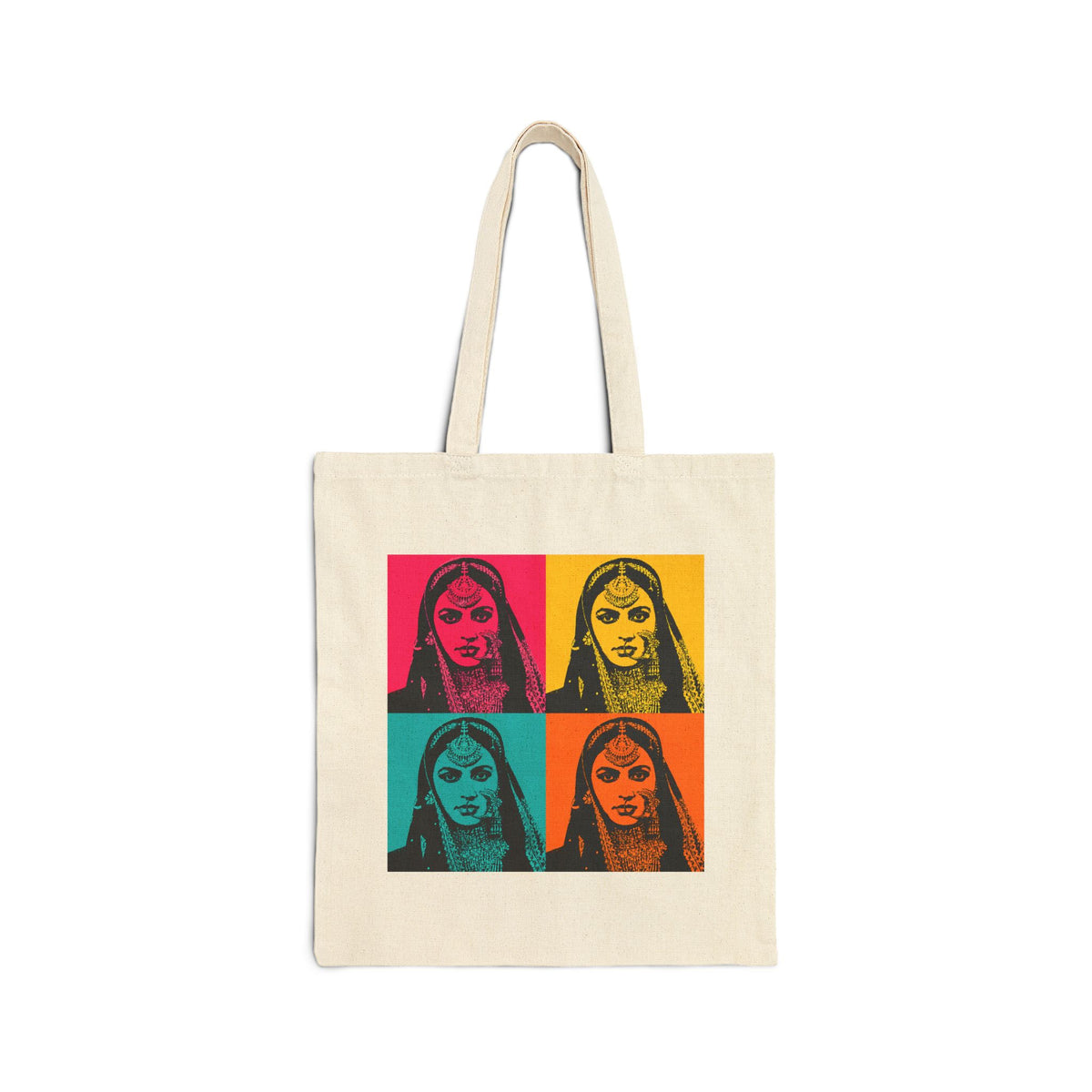 Bollywood Queen Pop Art Vibrant Four‑Panel Indian Portrait Cotton Canvas Tote Bag
